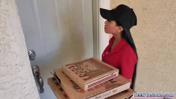 Two horny teens ordered some pizza and fucked this sexy asian delivery girl.